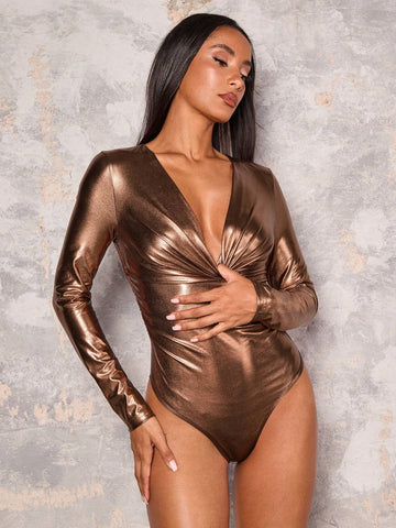 Sexy Women's Copper Gold Bright Coated Fabric Long Sleeve Shrinkage Bodysuits Nightclub Party Sexy Women's Copper Gold Bright Coated Fabric Long Sleeve Shrinkage Bodysuits Nightclub Party