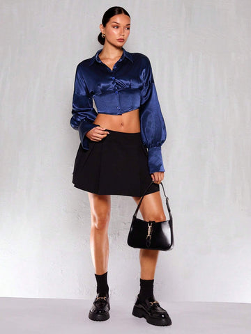 Glamour Women Solid Color Lantern Sleeve Tie Back Waist Blouse Glamour Women Solid Color Lantern Sleeve Tie Back Waist Blouse