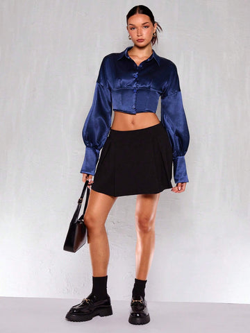 Glamour Women Solid Color Lantern Sleeve Tie Back Waist Blouse Glamour Women Solid Color Lantern Sleeve Tie Back Waist Blouse