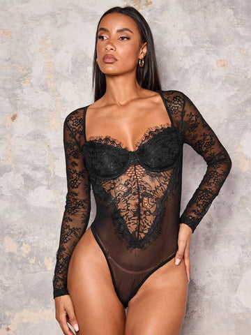 Women's Sexy Sheer Lace Long Sleeve Bodysuit Women's Sexy Sheer Lace Long Sleeve Bodysuit