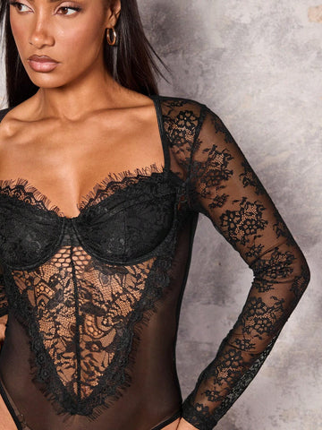 Women's Sexy Sheer Lace Long Sleeve Bodysuit Women's Sexy Sheer Lace Long Sleeve Bodysuit