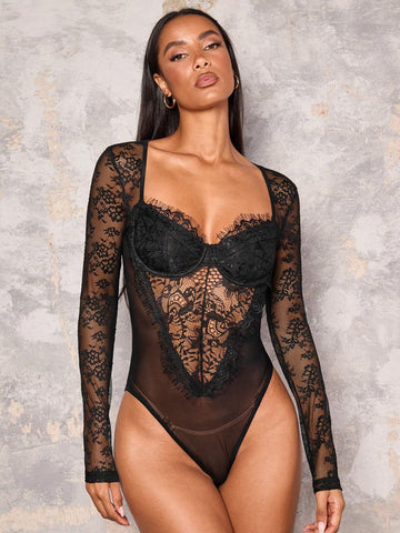 Women's Sexy Sheer Lace Long Sleeve Bodysuit Women's Sexy Sheer Lace Long Sleeve Bodysuit