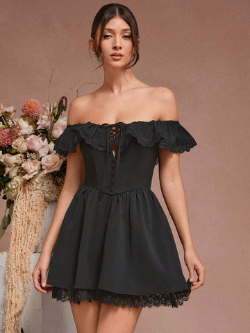 1pc Solid Color Off-Shoulder Ruffle Lace Splice Elegant Dress 1pc Solid Color Off-Shoulder Ruffle Lace Splice Elegant Dress