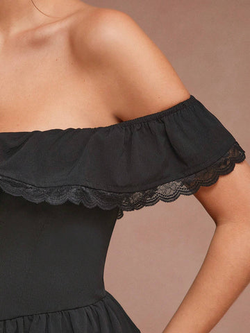 1pc Solid Color Off-Shoulder Ruffle Lace Splice Elegant Dress 1pc Solid Color Off-Shoulder Ruffle Lace Splice Elegant Dress