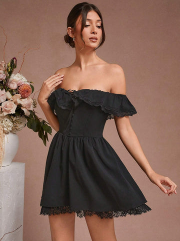 1pc Solid Color Off-Shoulder Ruffle Lace Splice Elegant Dress 1pc Solid Color Off-Shoulder Ruffle Lace Splice Elegant Dress