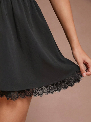 1pc Solid Color Off-Shoulder Ruffle Lace Splice Elegant Dress 1pc Solid Color Off-Shoulder Ruffle Lace Splice Elegant Dress