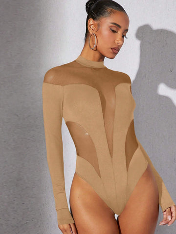 1pc Women Stand Collar Long Sleeve Solid Color Splicing Minimalist Bodysuit, Casual Everyday Wear 1pc Women Stand Collar Long Sleeve Solid Color Splicing Minimalist Bodysuit, Casual Everyday Wear