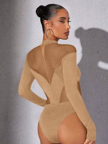 1pc Women Stand Collar Long Sleeve Solid Color Splicing Minimalist Bodysuit, Casual Everyday Wear 1pc Women Stand Collar Long Sleeve Solid Color Splicing Minimalist Bodysuit, Casual Everyday Wear