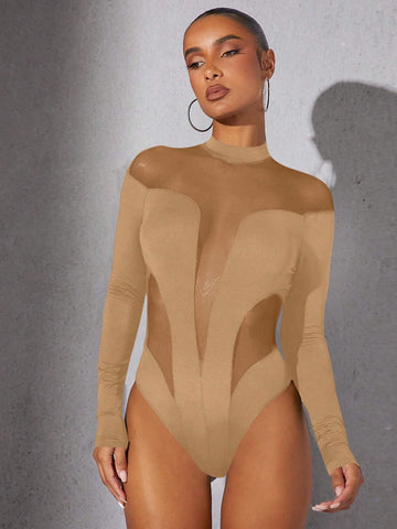 1pc Women Stand Collar Long Sleeve Solid Color Splicing Minimalist Bodysuit, Casual Everyday Wear 1pc Women Stand Collar Long Sleeve Solid Color Splicing Minimalist Bodysuit, Casual Everyday Wear