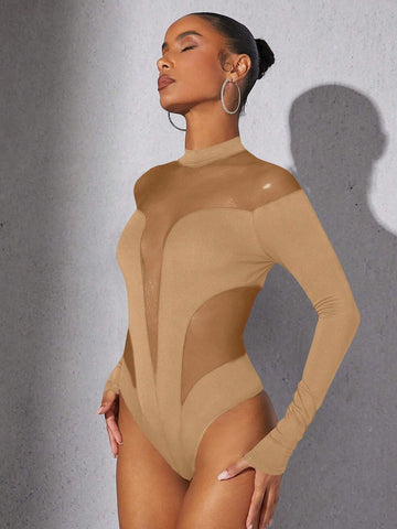 1pc Women Stand Collar Long Sleeve Solid Color Splicing Minimalist Bodysuit, Casual Everyday Wear 1pc Women Stand Collar Long Sleeve Solid Color Splicing Minimalist Bodysuit, Casual Everyday Wear