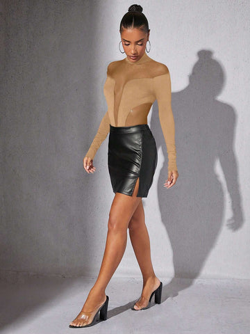 1pc Women Stand Collar Long Sleeve Solid Color Splicing Minimalist Bodysuit, Casual Everyday Wear 1pc Women Stand Collar Long Sleeve Solid Color Splicing Minimalist Bodysuit, Casual Everyday Wear