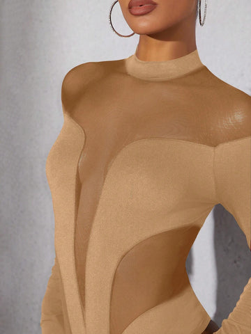 1pc Women Stand Collar Long Sleeve Solid Color Splicing Minimalist Bodysuit, Casual Everyday Wear 1pc Women Stand Collar Long Sleeve Solid Color Splicing Minimalist Bodysuit, Casual Everyday Wear