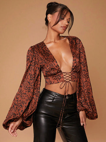 Animal Print Plunge Neck Balloon Sleeve Lace Up Top Animal Print Plunge Neck Balloon Sleeve Lace Up Top