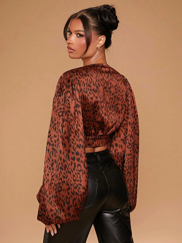 Animal Print Plunge Neck Balloon Sleeve Lace Up Top Animal Print Plunge Neck Balloon Sleeve Lace Up Top
