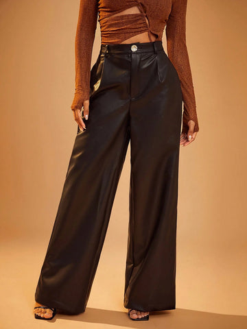 Haute High Waist Faux Leather PU Wide Leg Pleated Pants Haute High Waist Faux Leather PU Wide Leg Pleated Pants