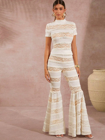 Mock Neck Lace Top & Flare Leg Pants Set Mock Neck Lace Top & Flare Leg Pants Set