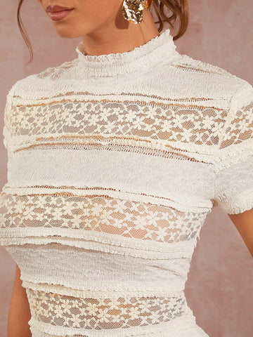 Mock Neck Lace Top & Flare Leg Pants Set Mock Neck Lace Top & Flare Leg Pants Set