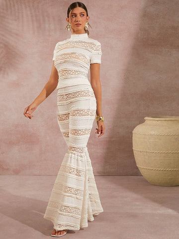 Mock Neck Lace Top & Flare Leg Pants Set Mock Neck Lace Top & Flare Leg Pants Set