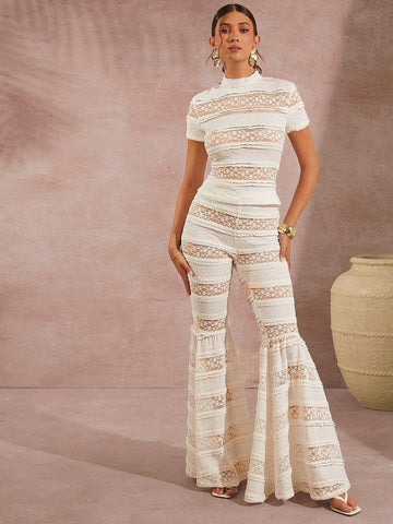 Mock Neck Lace Top & Flare Leg Pants Set Mock Neck Lace Top & Flare Leg Pants Set