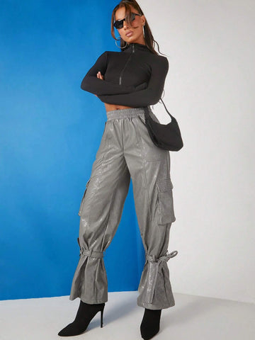 Haute Snake PU Leather Knot Hem Cargo Pants Haute Snake PU Leather Knot Hem Cargo Pants