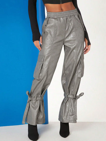 Haute Snake PU Leather Knot Hem Cargo Pants Haute Snake PU Leather Knot Hem Cargo Pants