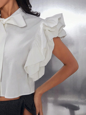 Haute Solid Puff Sleeve Bow Neck Tie Button Up Blouse Haute Solid Puff Sleeve Bow Neck Tie Button Up Blouse