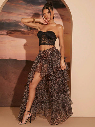 Haute Women's Leopard Print Pleated Ruffle Layered Skirt, Casual Resort Wear Haute Women's Leopard Print Pleated Ruffle Layered Skirt, Casual Resort Wear