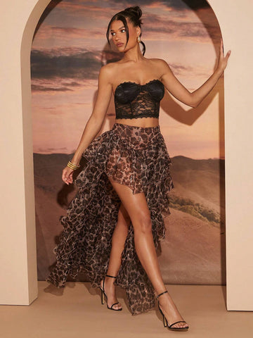 Haute Women's Leopard Print Pleated Ruffle Layered Skirt, Casual Resort Wear Haute Women's Leopard Print Pleated Ruffle Layered Skirt, Casual Resort Wear