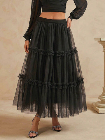 Haute Women's Solid Color Mesh Patchwork Pleated Ruffle Hem Casual Skirt For Vacation Haute Women's Solid Color Mesh Patchwork Pleated Ruffle Hem Casual Skirt For Vacation