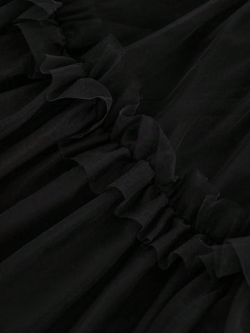 Haute Women's Solid Color Mesh Patchwork Pleated Ruffle Hem Casual Skirt For Vacation Haute Women's Solid Color Mesh Patchwork Pleated Ruffle Hem Casual Skirt For Vacation