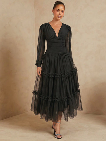 Haute Women's Solid Color Mesh Patchwork Pleated Ruffle Hem Casual Skirt For Vacation Haute Women's Solid Color Mesh Patchwork Pleated Ruffle Hem Casual Skirt For Vacation