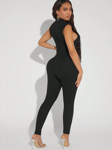Ribbed Knit Big Zipper Green Jumpsuit, Winter Fall Women Clothes Ribbed Knit Big Zipper Green Jumpsuit, Winter Fall Women Clothes