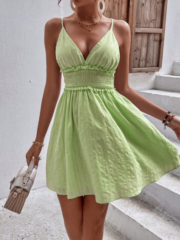 Solid Frill Trim Shirred Cami Dress Vacation Beach Outfits Women Solid Frill Trim Shirred Cami Dress Vacation Beach Outfits Women