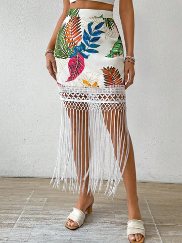 Holiday Women Tasseled Plant Printed Skirt Vacation Beach Outfit Holiday Women Tasseled Plant Printed Skirt Vacation Beach Outfit