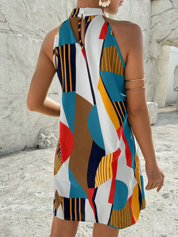 Women's Stand Collar Sleeveless Printed Simple Casual Short Dress Women's Stand Collar Sleeveless Printed Simple Casual Short Dress