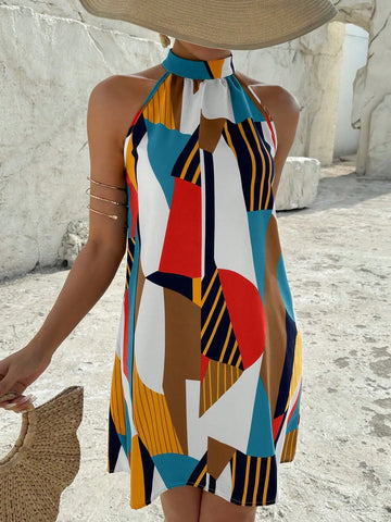 Women's Stand Collar Sleeveless Printed Simple Casual Short Dress Women's Stand Collar Sleeveless Printed Simple Casual Short Dress