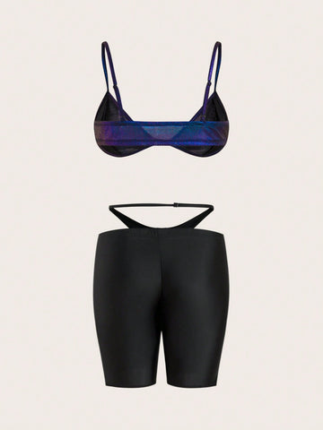 Cami Crop Top With Flame Printed Rhinestones & Cut-Out Waist Shorts Set Cami Crop Top With Flame Printed Rhinestones & Cut-Out Waist Shorts Set