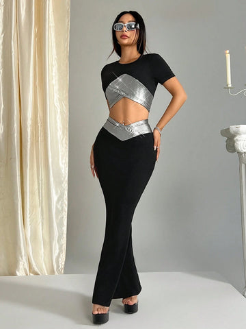 Elegant Women's Summer Asymmetrical Color Block Short Sleeve Top And Mermaid Hem Long Bodycon Skirt Suit Set Elegant Women's Summer Asymmetrical Color Block Short Sleeve Top And Mermaid Hem Long Bodycon Skirt Suit Set