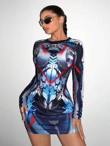 ICON Full Printed Long Sleeve Bodycon Dress ICON Full Printed Long Sleeve Bodycon Dress