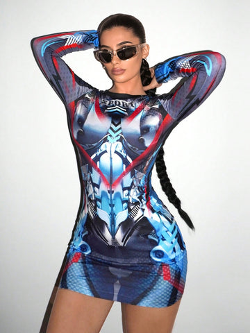 ICON Full Printed Long Sleeve Bodycon Dress ICON Full Printed Long Sleeve Bodycon Dress