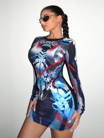 ICON Full Printed Long Sleeve Bodycon Dress ICON Full Printed Long Sleeve Bodycon Dress