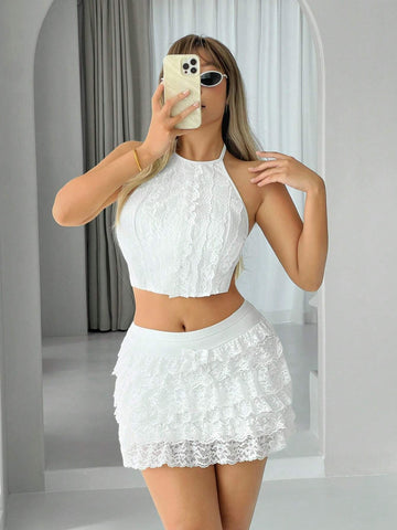 Lace Camisole With Backless Design And Low Waist Layered Skirt Set Lace Camisole With Backless Design And Low Waist Layered Skirt Set