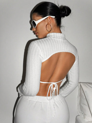 Stand Collar Solid Color Long Sleeve Backless Y2K Fall White Open Back T-Shirt Stand Collar Solid Color Long Sleeve Backless Y2K Fall White Open Back T-Shirt