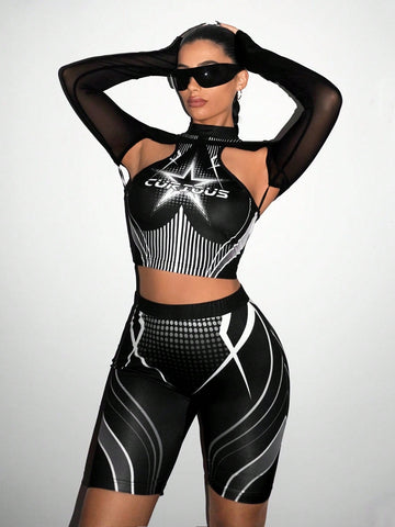 Women'S Star Patterned Mesh Hollow Out Top And Shorts Set Women'S Star Patterned Mesh Hollow Out Top And Shorts Set