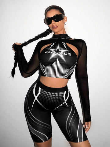 Women'S Star Patterned Mesh Hollow Out Top And Shorts Set Women'S Star Patterned Mesh Hollow Out Top And Shorts Set