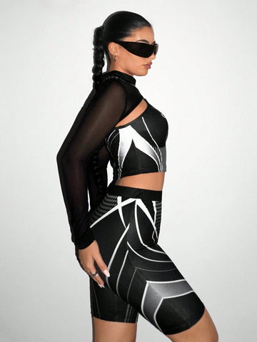 Women'S Star Patterned Mesh Hollow Out Top And Shorts Set Women'S Star Patterned Mesh Hollow Out Top And Shorts Set