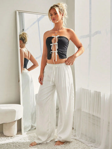 ICON Women Solid Color Belted Pocket Wide Leg Loose Fit Low Waist Pants ICON Women Solid Color Belted Pocket Wide Leg Loose Fit Low Waist Pants