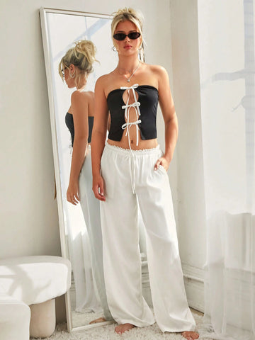 ICON Women Solid Color Belted Pocket Wide Leg Loose Fit Low Waist Pants ICON Women Solid Color Belted Pocket Wide Leg Loose Fit Low Waist Pants