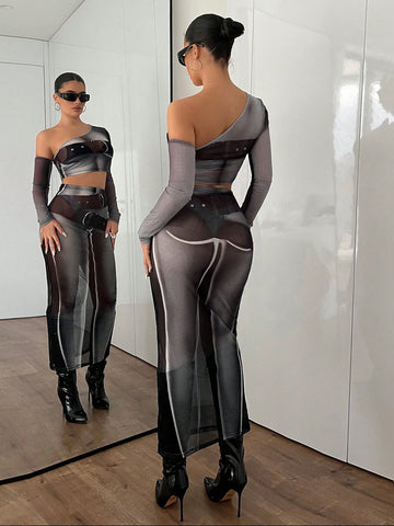 Women's Asymmetrical Collar Human Body Print Cropped Top And Pants Two Piece Set Women's Asymmetrical Collar Human Body Print Cropped Top And Pants Two Piece Set
