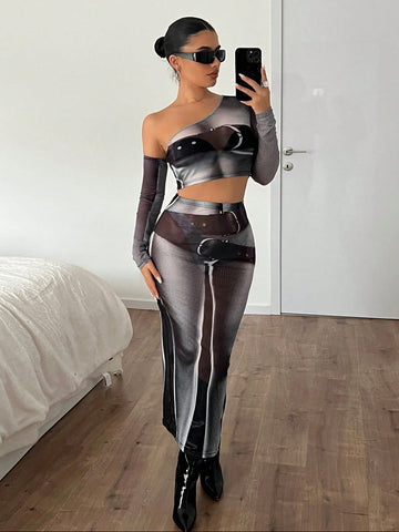 Women's Asymmetrical Collar Human Body Print Cropped Top And Pants Two Piece Set Women's Asymmetrical Collar Human Body Print Cropped Top And Pants Two Piece Set